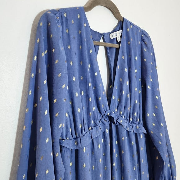 She + Sky Blue and Gold Boho Maxi Dress Size Large Wedding Guest Dress