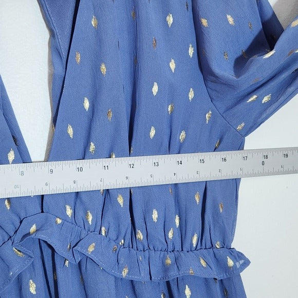 She + Sky Blue and Gold Boho Maxi Dress Size Large Wedding Guest Dress