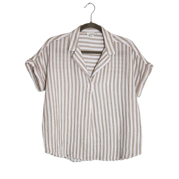 BeachLunchLounge Brown and White Striped Cotton Gauze Blouse Size Medium