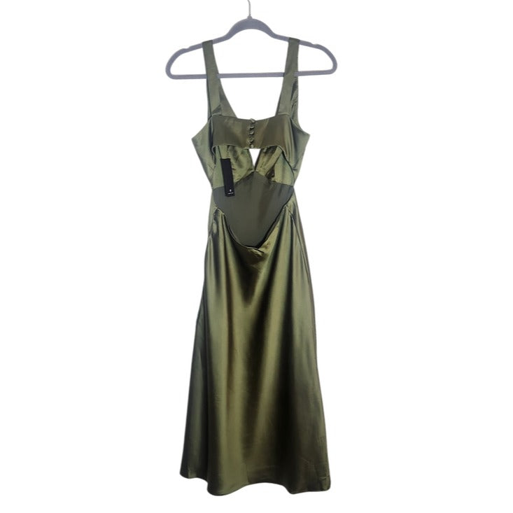 Lulus Olive Green Satin Cutout Midi Cocktail Dress Size Small NWT Wedding Guest