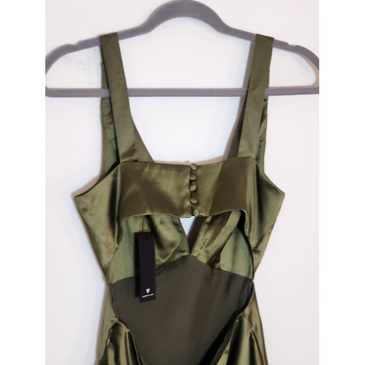 Lulus Olive Green Satin Cutout Midi Cocktail Dress Size Small NWT Wedding Guest
