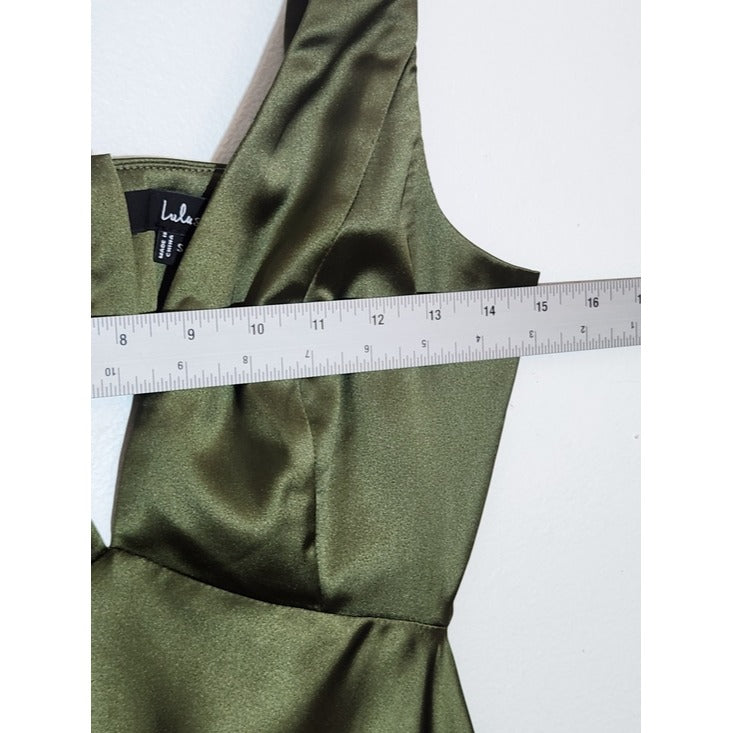 Lulus Olive Green Satin Cutout Midi Cocktail Dress Size Small NWT Wedding Guest