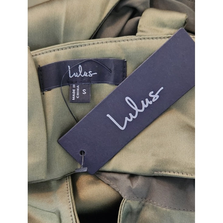 Lulus Olive Green Satin Cutout Midi Cocktail Dress Size Small NWT Wedding Guest