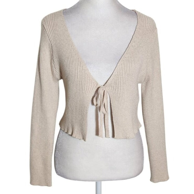 SHEIN Cream Ribbed Knit Tie Front Cardigan Size 6