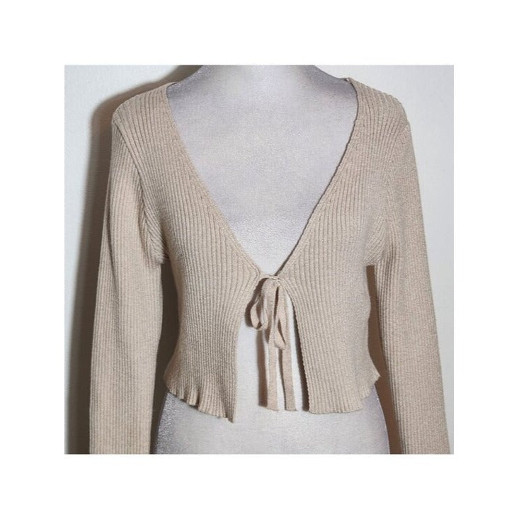 SHEIN Cream Ribbed Knit Tie Front Cardigan Size 6