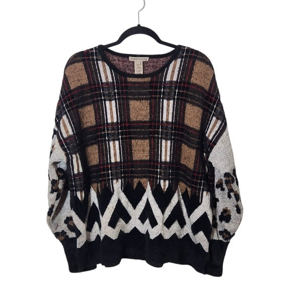 Sharon Young Fuzzy Sweater Size Medium Black Plaid Sweater