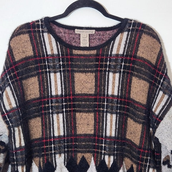 Sharon Young Fuzzy Sweater Size Medium Black Plaid Sweater