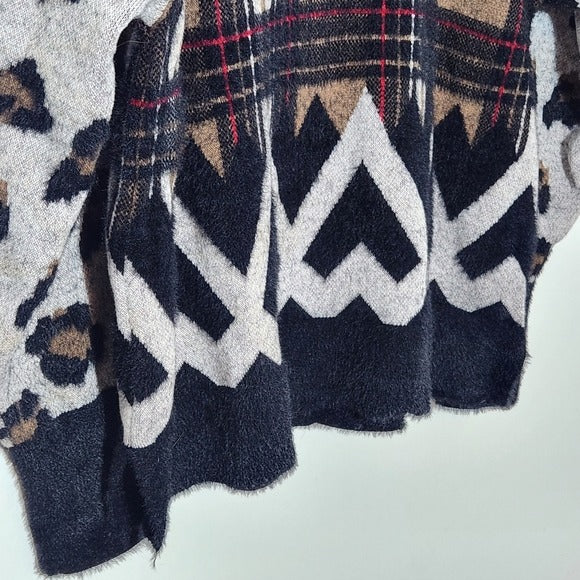 Sharon Young Fuzzy Sweater Size Medium Black Plaid Sweater