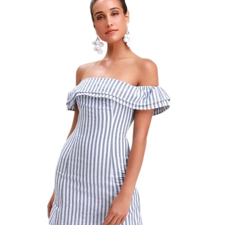 Lulus Blue and White Stripe Off the Shoulder Mini Dress Size Small NWT