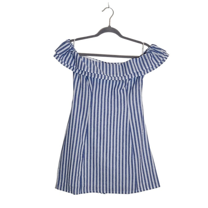 Lulus Blue and White Stripe Off the Shoulder Mini Dress Size Small NWT
