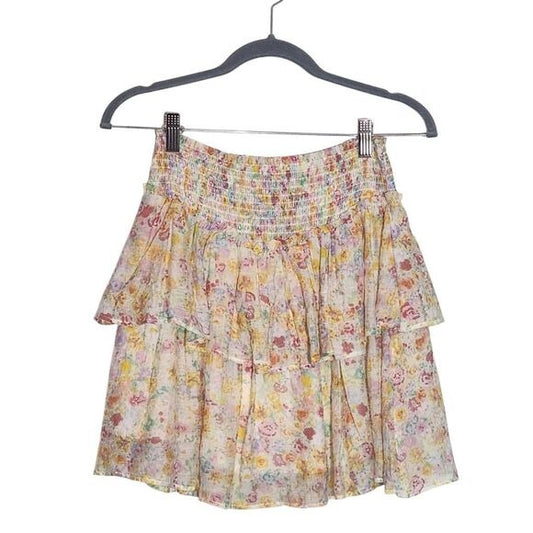 MINKPINK Pink and Yellow Floral Ruffle Mini Skirt Size Small, New
