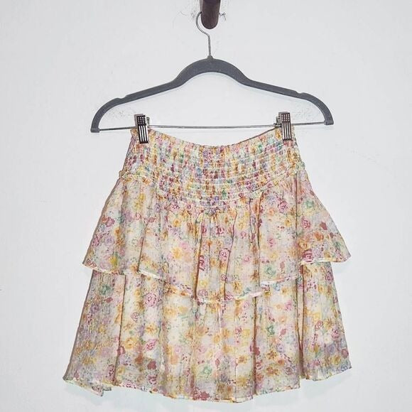 MINKPINK Pink and Yellow Floral Ruffle Mini Skirt Size Small, New