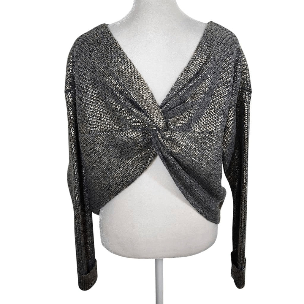 Gianni Bini Gray and Gold Cropped Sweater with Twist Back Detail Size Small