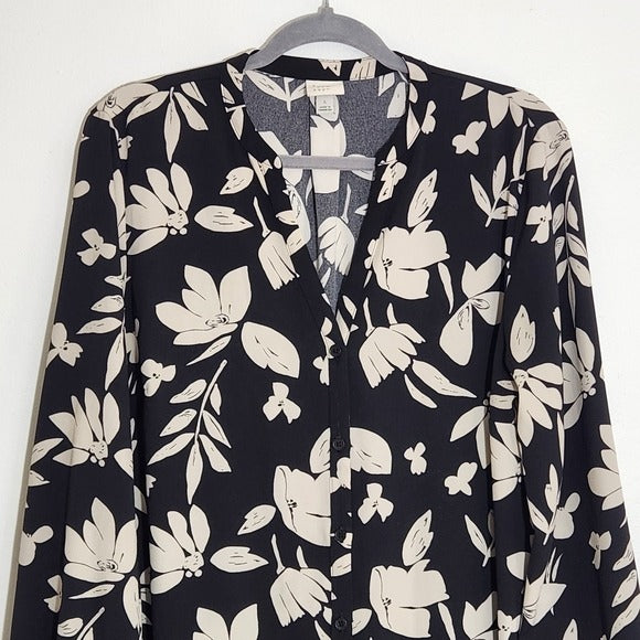 A New Day Black and Cream Floral Print Shirt Dress Size Large