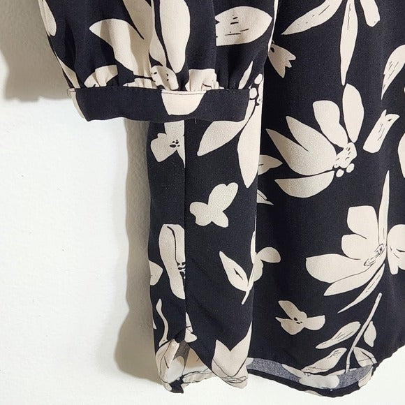 A New Day Black and Cream Floral Print Shirt Dress Size Large