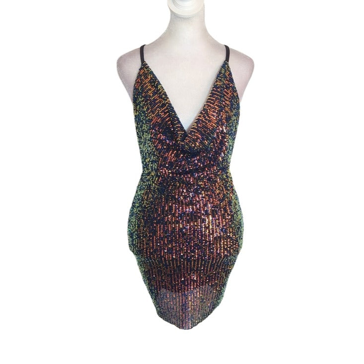 Monaco Multicolor Sequin Mini Cocktail Party Dress Strappy Back Size Medium