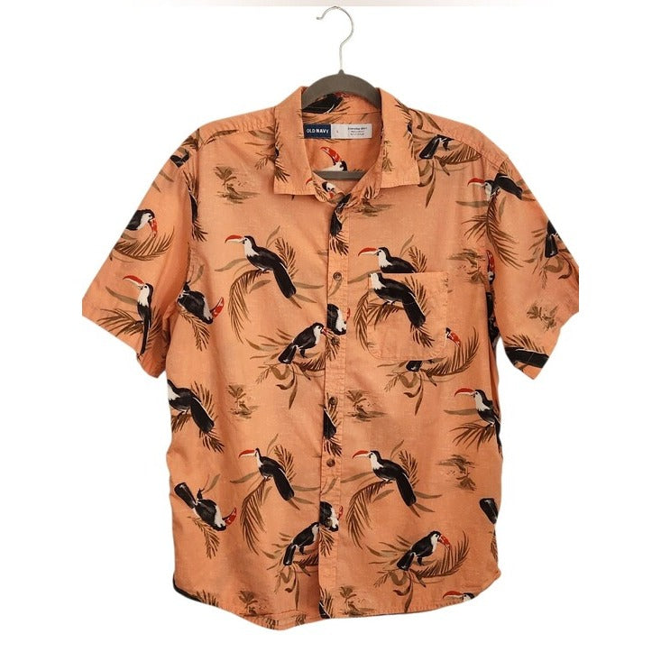 Old Navy Coral Toucan Print Short Sleeve Button Down Shirt Size Large