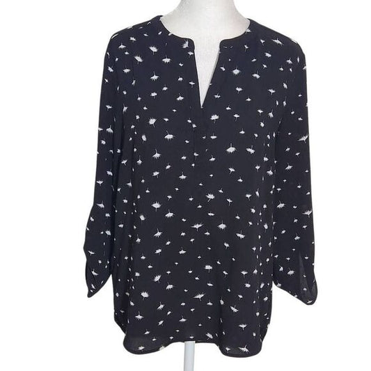 Daniel Rainn Black and White Dandelion Print Blouse Size Small High Low Blouse