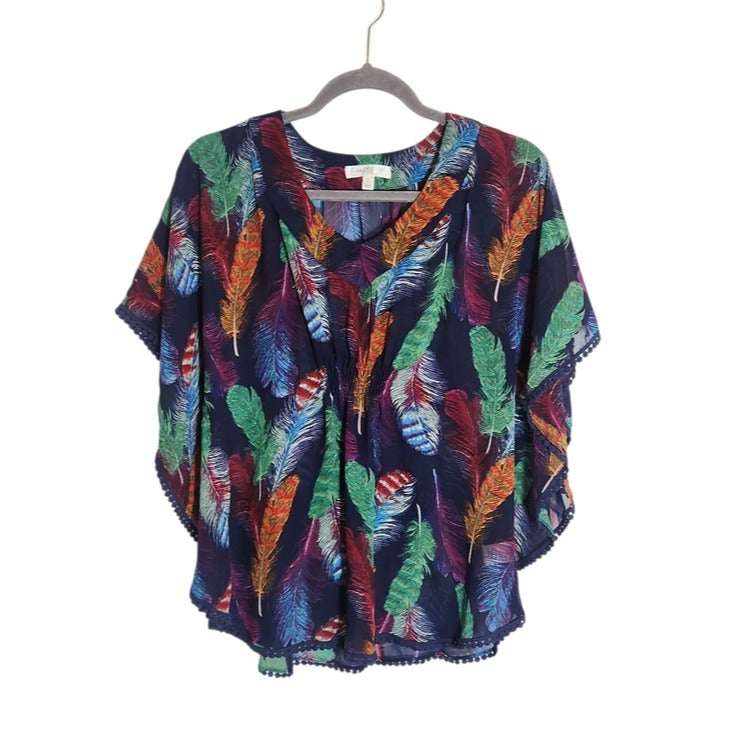 Love Fire Navy Multicolor Feather Print Poncho Blouse Boho Size Small