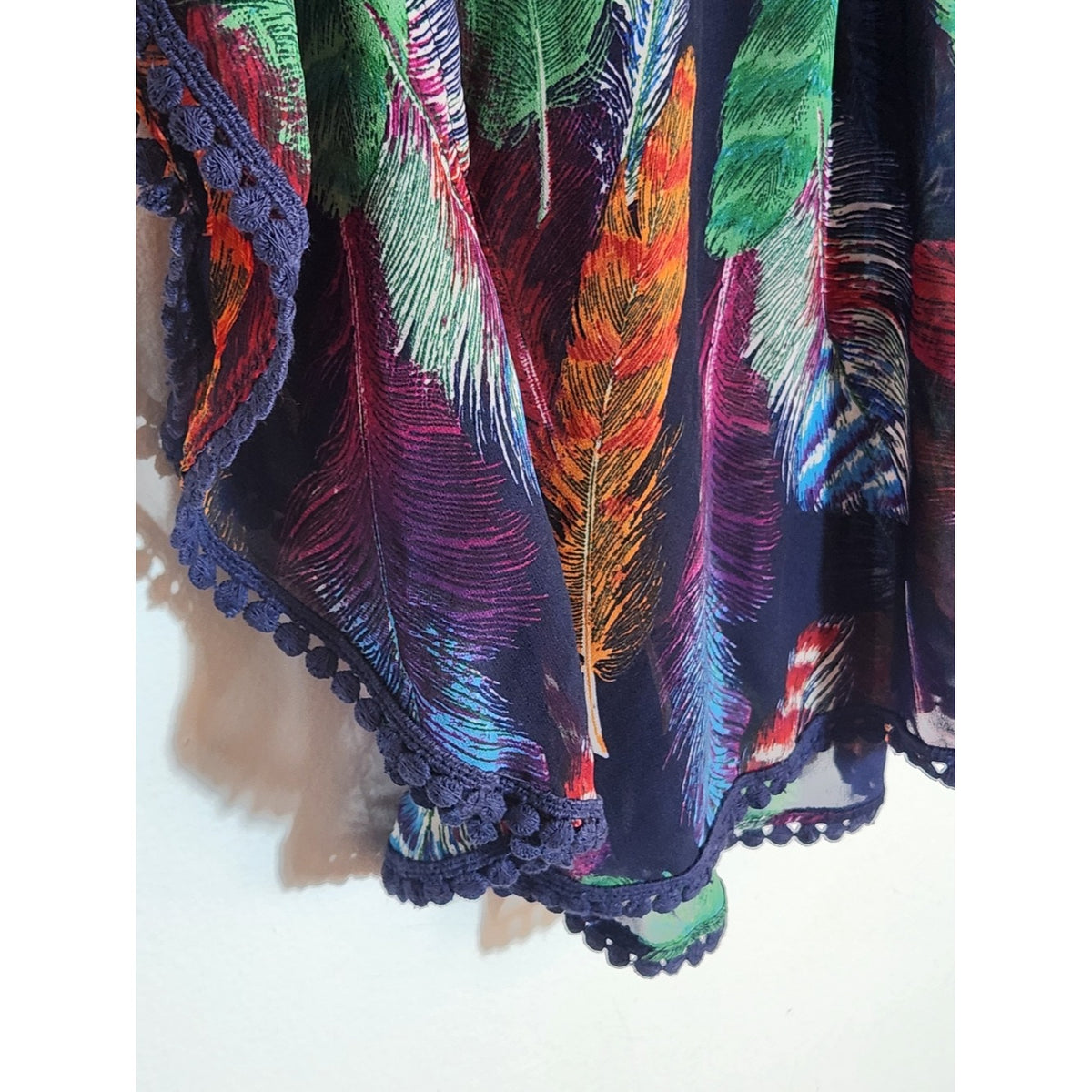 Love Fire Navy Multicolor Feather Print Poncho Blouse Boho Size Small