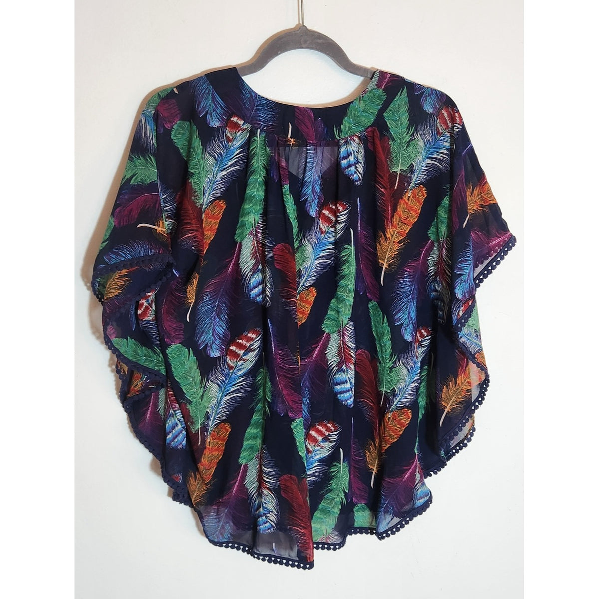 Love Fire Navy Multicolor Feather Print Poncho Blouse Boho Size Small