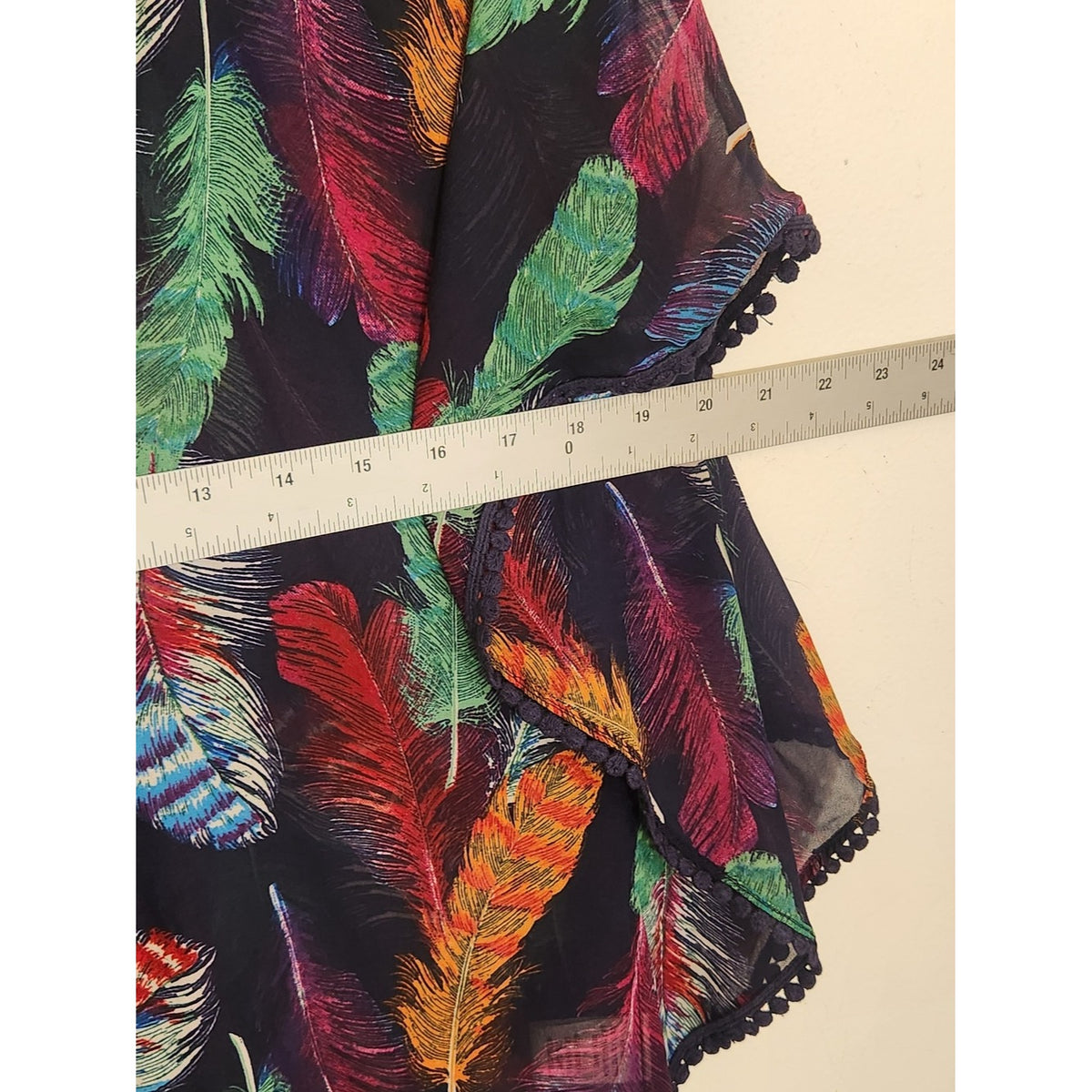 Love Fire Navy Multicolor Feather Print Poncho Blouse Boho Size Small