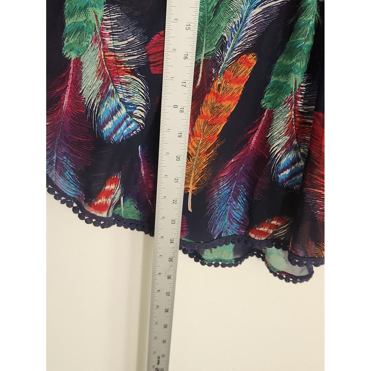 Love Fire Navy Multicolor Feather Print Poncho Blouse Boho Size Small