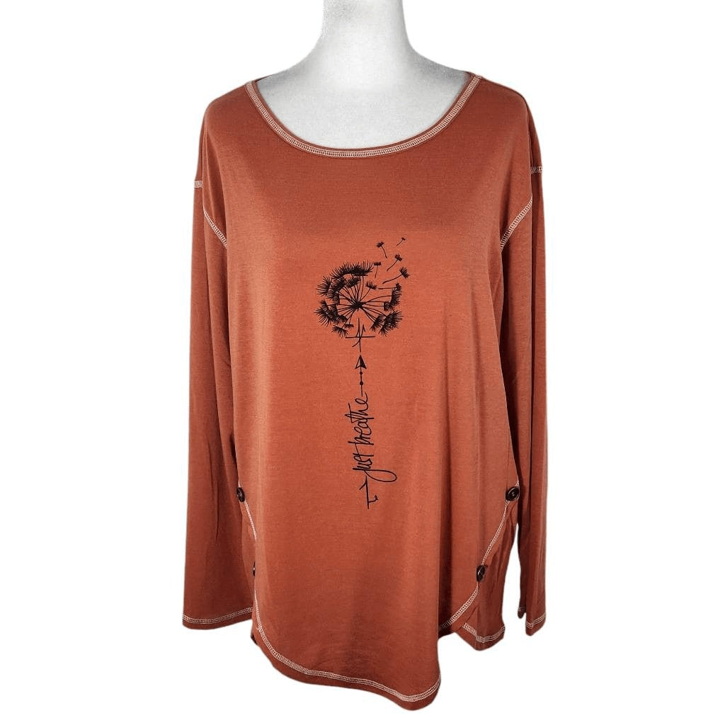 Noracora Orange Long Sleeve Tee with Dandelion Graphic Size Medium NWT