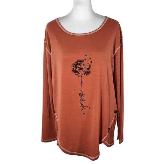 Noracora Orange Long Sleeve Tee with Dandelion Graphic Size Medium NWT