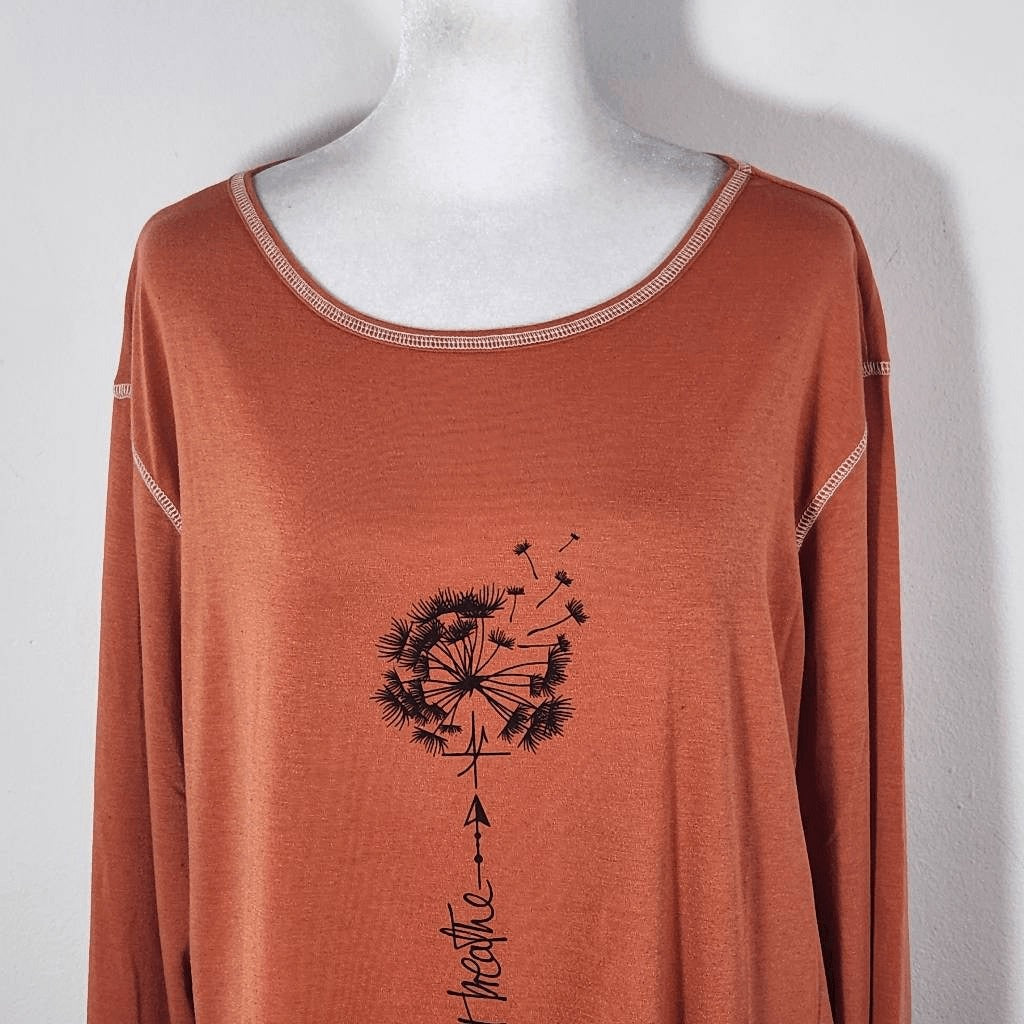 Noracora Orange Long Sleeve Tee with Dandelion Graphic Size Medium NWT