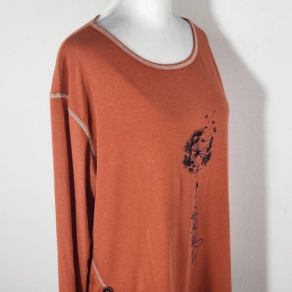 Noracora Orange Long Sleeve Tee with Dandelion Graphic Size Medium NWT