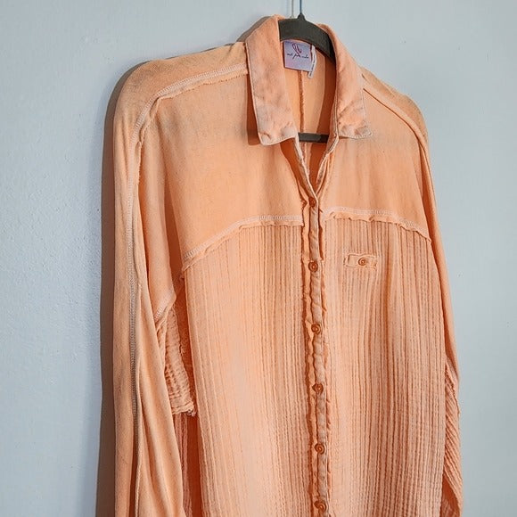Out From Under Orange Raw Edge Distressed Button Down Shirt Size Small