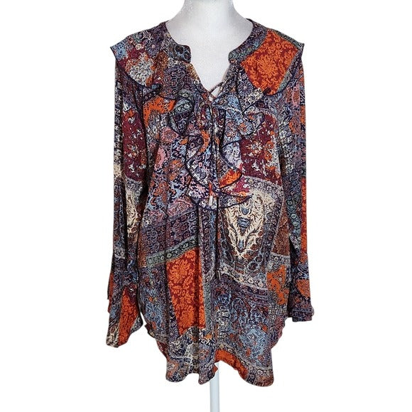 New Directions Multicolor Paisley Boho Blouse with Ruffle Accent Size Large