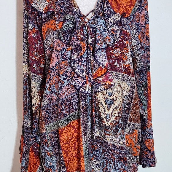New Directions Multicolor Paisley Boho Blouse with Ruffle Accent Size Large
