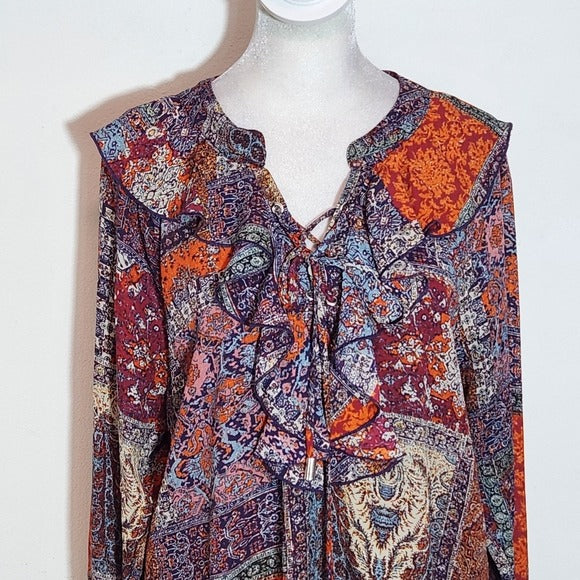 New Directions Multicolor Paisley Boho Blouse with Ruffle Accent Size Large