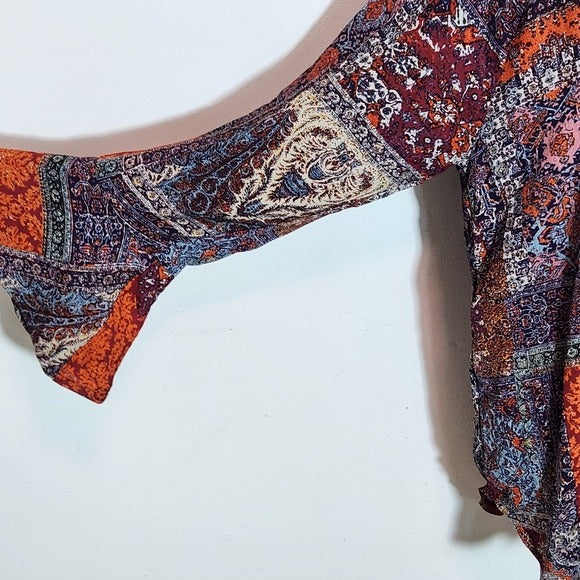 New Directions Multicolor Paisley Boho Blouse with Ruffle Accent Size Large