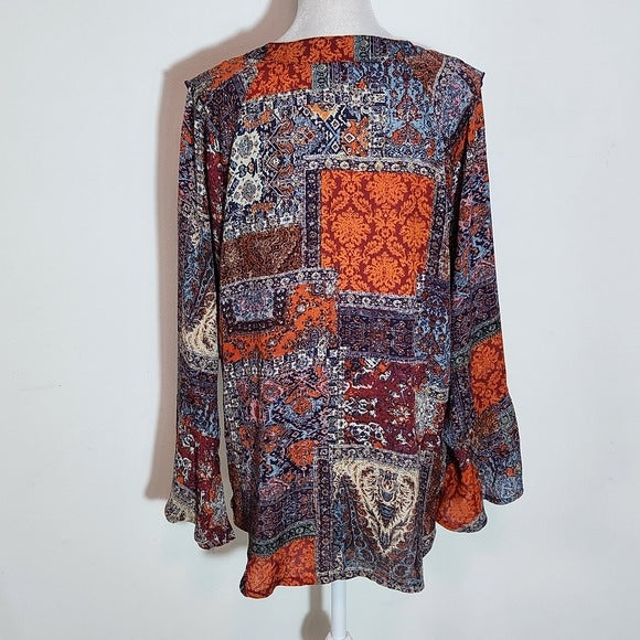 New Directions Multicolor Paisley Boho Blouse with Ruffle Accent Size Large