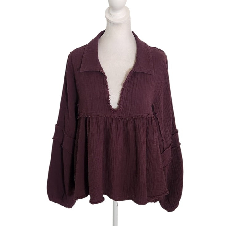 Bohme Eggplant Purple Cotton Gauze Babydoll Top Size XL