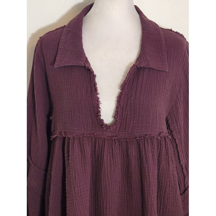 Bohme Eggplant Purple Cotton Gauze Babydoll Top Size XL