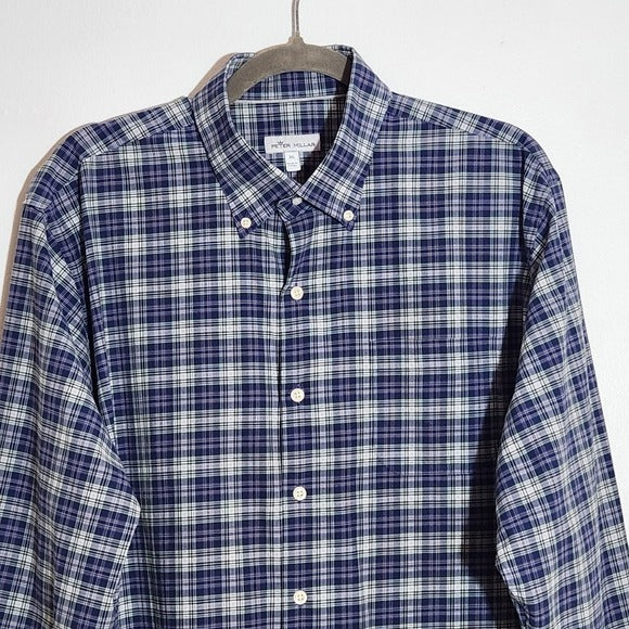 Peter Millar Navy Plaid Button Down Shirt Size XL