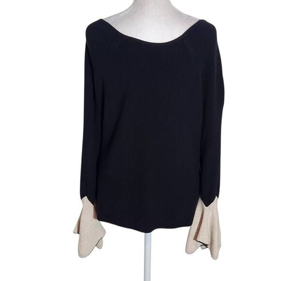 Nic + Zoe Black Sweater with Cream Bell Sleeves Size Large Black and Cream Sweat