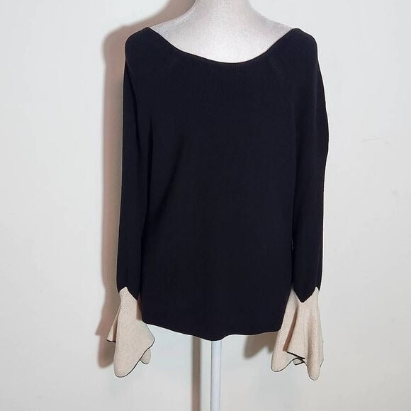 Nic + Zoe Black Sweater with Cream Bell Sleeves Size Large Black and Cream Sweat