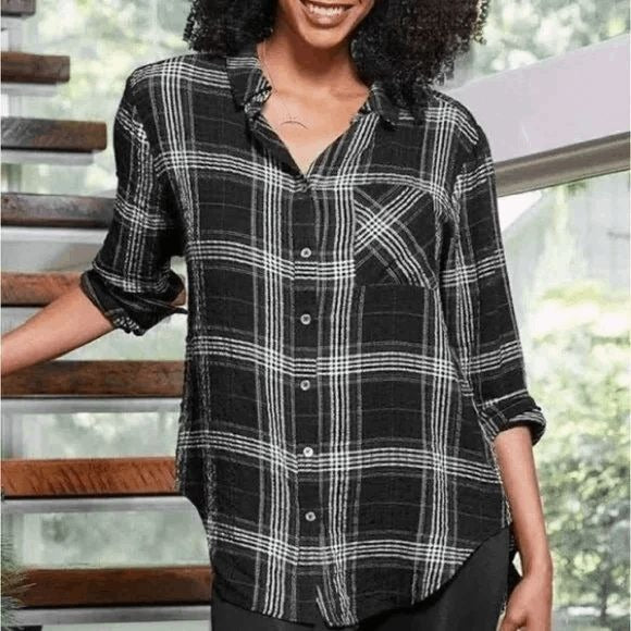 Good Hart Black and White Plaid Button Down Tunic Shirt Size Small