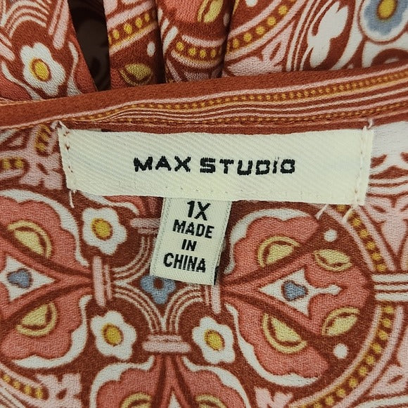 Max Studio Pink Boho Print Top Size 1X Colorful Print Blouse
