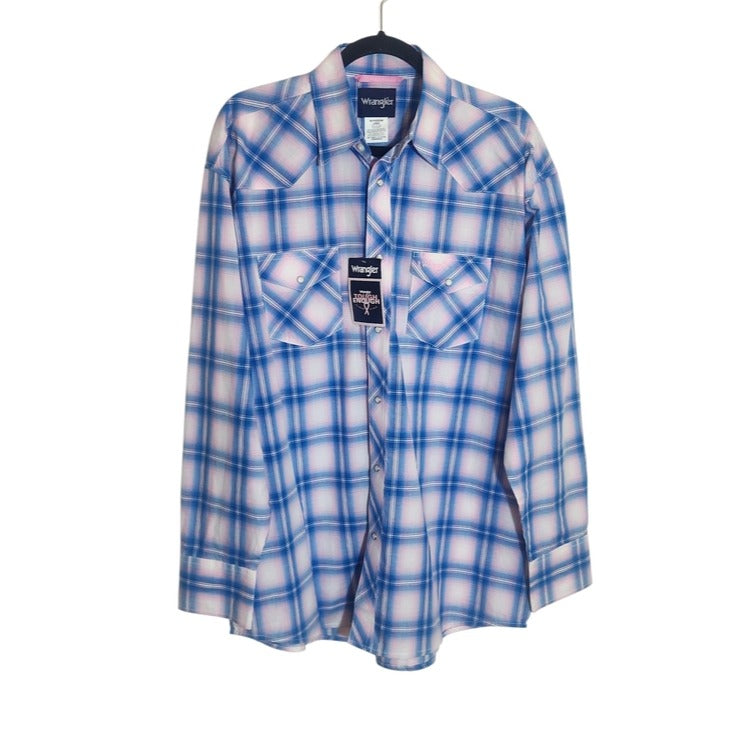 Wrangler Mens Blue and Pink Plaid Western Snap Shirt Size Large NWT
