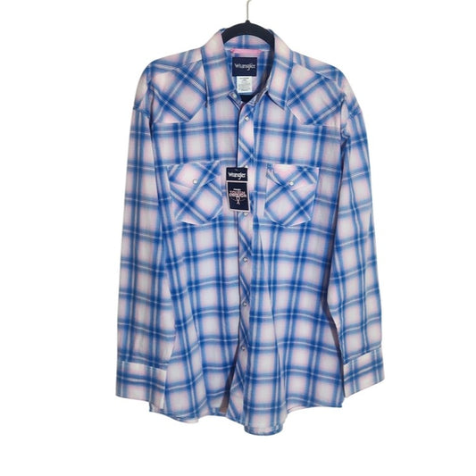 Wrangler Mens Blue and Pink Plaid Western Snap Shirt Size Large NWT