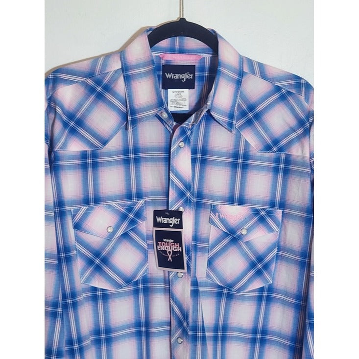 Wrangler Mens Blue and Pink Plaid Western Snap Shirt Size Large NWT