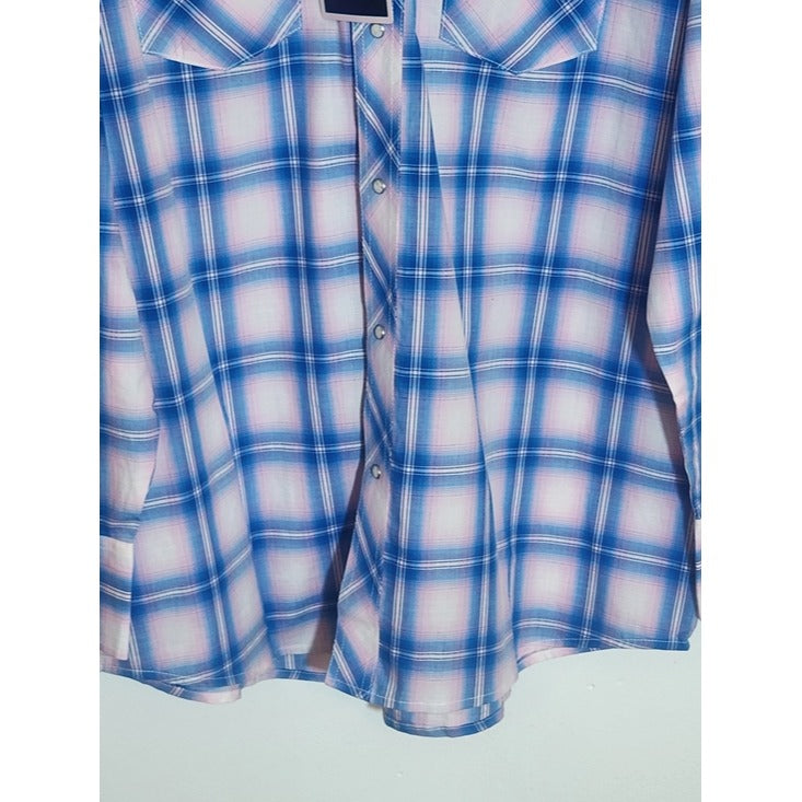 Wrangler Mens Blue and Pink Plaid Western Snap Shirt Size Large NWT