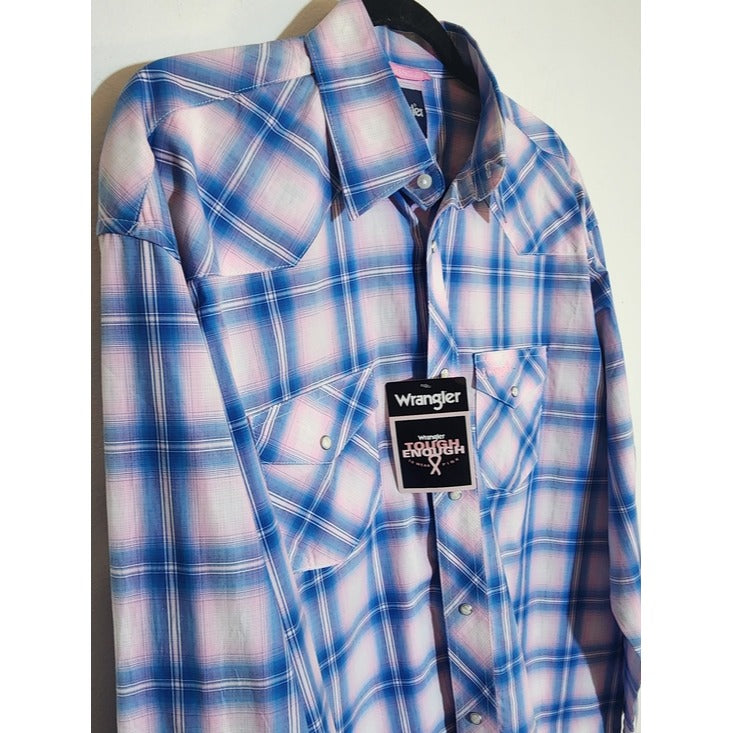 Wrangler Mens Blue and Pink Plaid Western Snap Shirt Size Large NWT