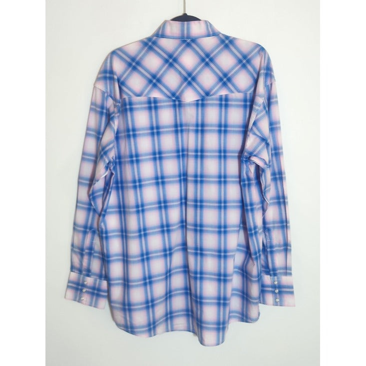 Wrangler Mens Blue and Pink Plaid Western Snap Shirt Size Large NWT